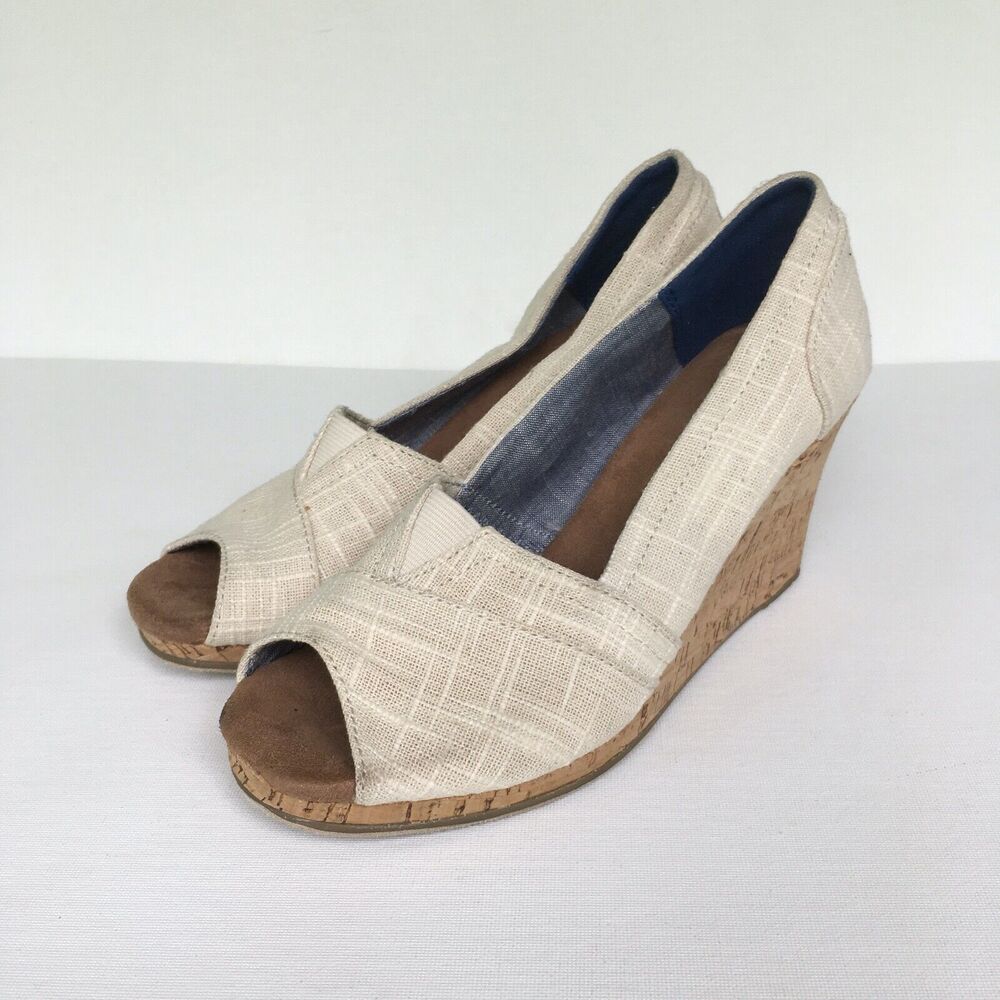 Toms Wedges Size 7.5 US/38 EU Stella Peep Toe Canvas Cork Off-White